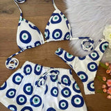 Conjunto de Biquíni 3 Peças com Estampa Tropical e Shorts