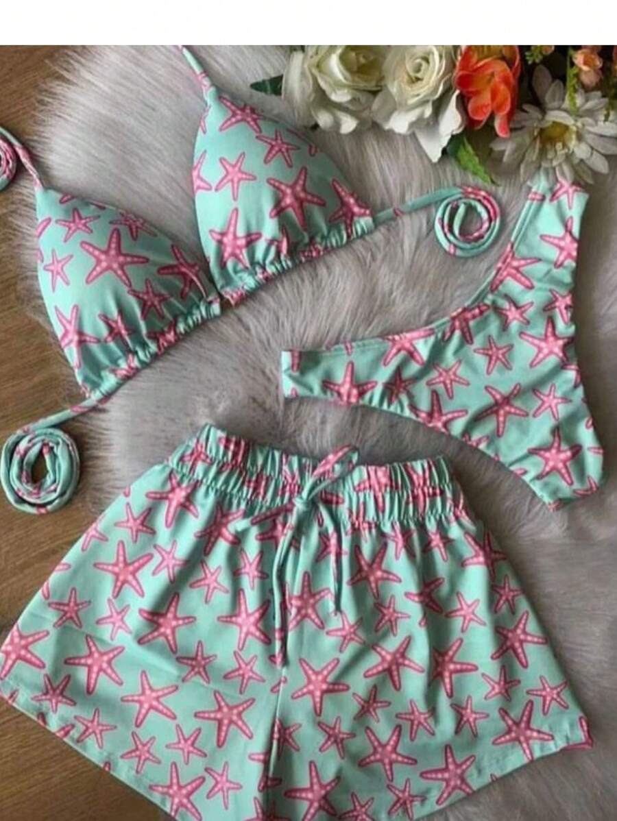 Conjunto de Biquíni 3 Peças com Estampa Tropical e Shorts