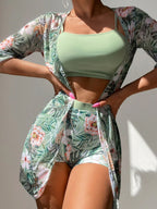 Conjunto de Biquíni 3 Peças Estampa Tropical
