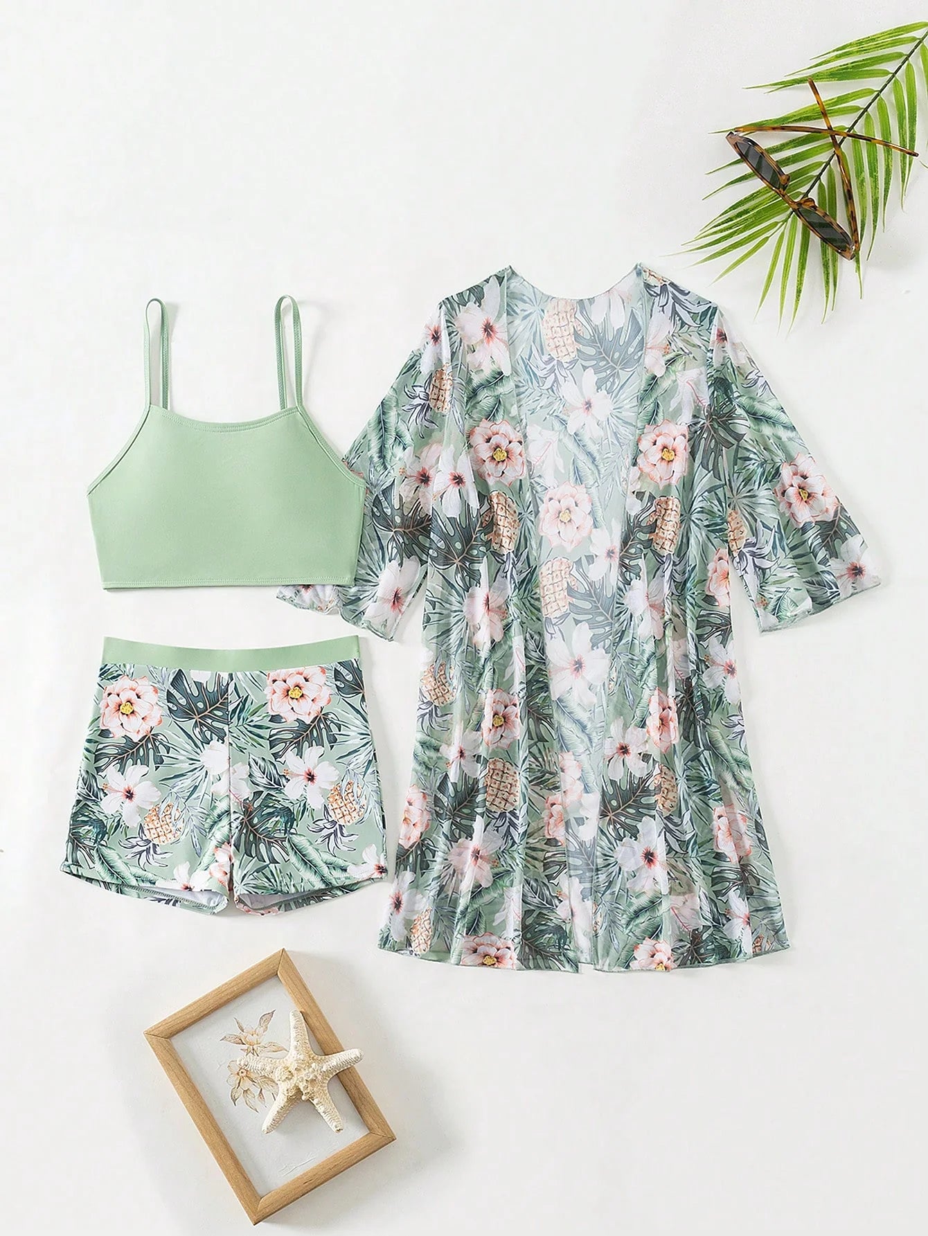 Conjunto de Biquíni 3 Peças Estampa Tropical