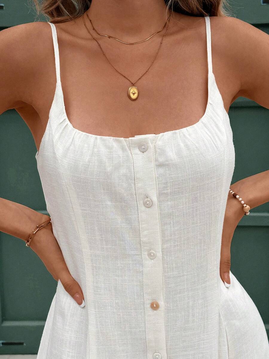 Vestido Curto de Linho com Alças e Botões Frontais - La Lecce