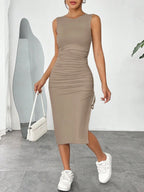 Vestido Midi Justo com Cordão e Fenda Lateral - La Lecce