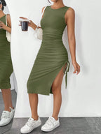 Vestido Midi Justo com Cordão e Fenda Lateral - La Lecce