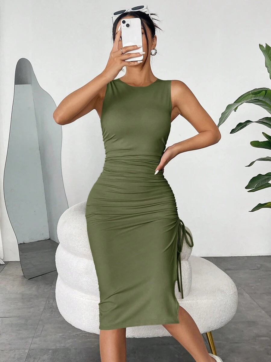 Vestido Midi Justo com Cordão e Fenda Lateral - La Lecce