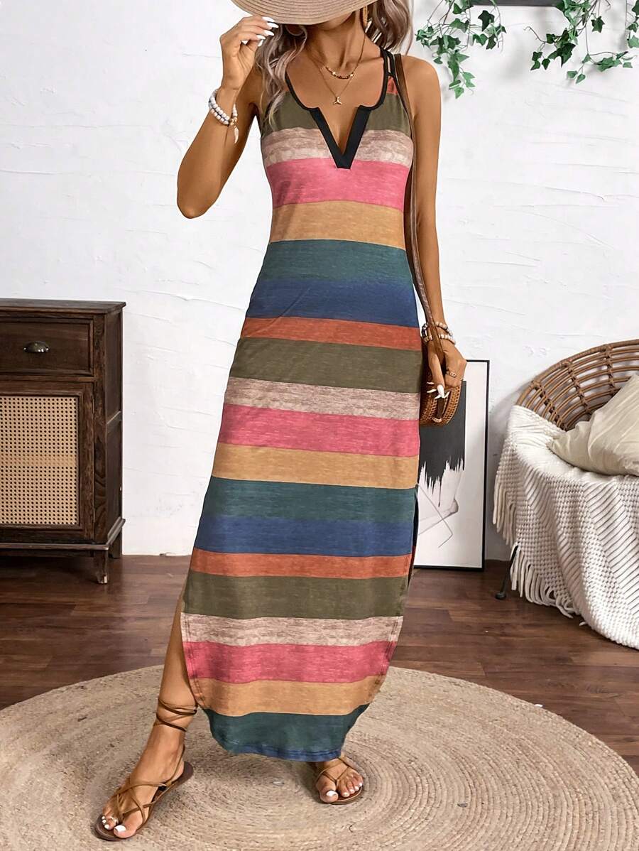 Vestido Longo de Alças com Listras Verticais e Fenda - La Lecce