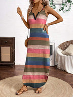 Vestido Longo de Alças com Listras Verticais e Fenda - La Lecce