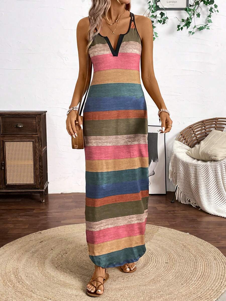 Vestido Longo de Alças com Listras Verticais e Fenda - La Lecce
