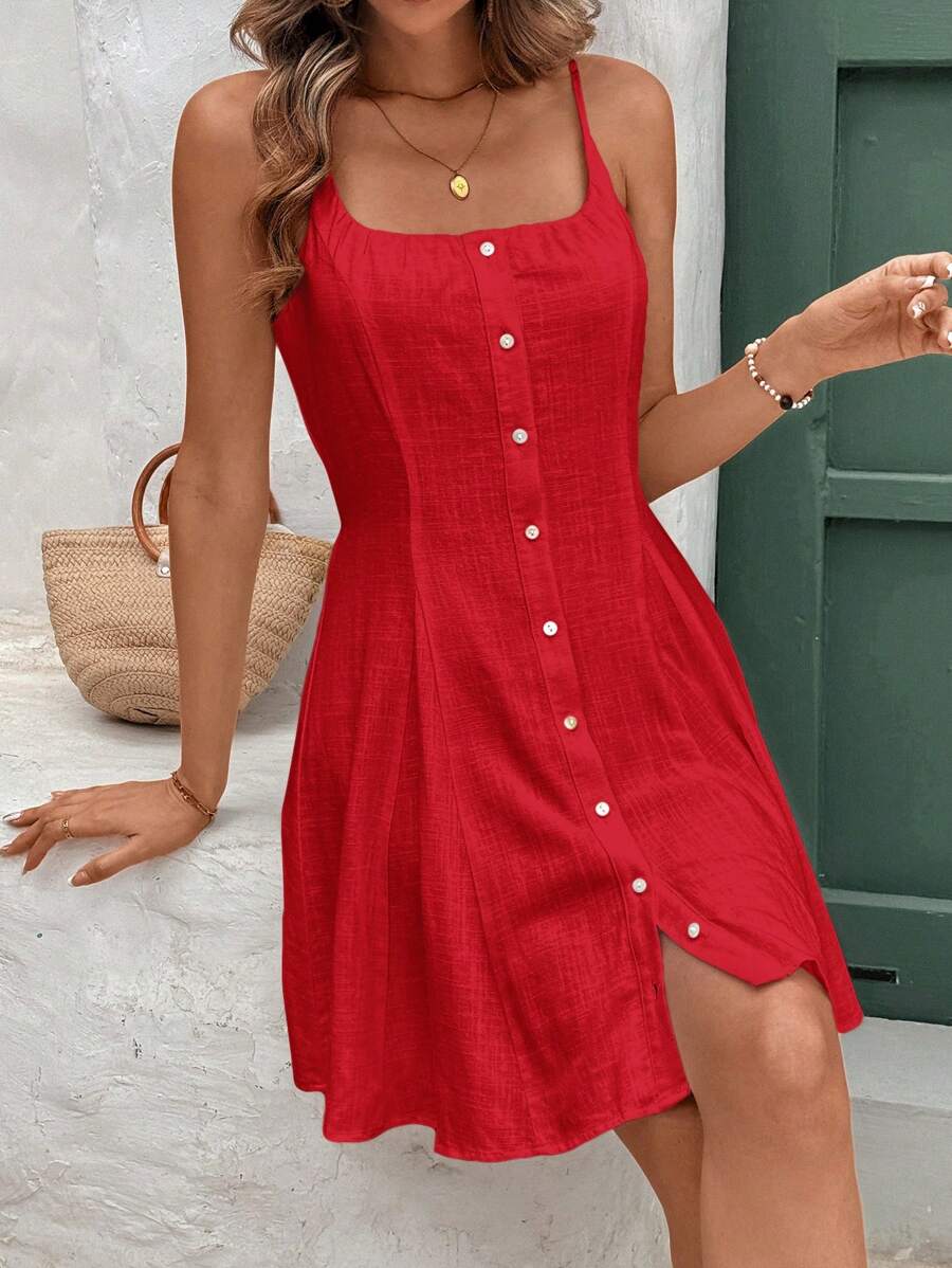 Vestido Curto de Linho com Alças e Botões Frontais - La Lecce