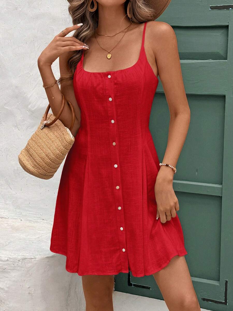 Vestido Curto de Linho com Alças e Botões Frontais - La Lecce