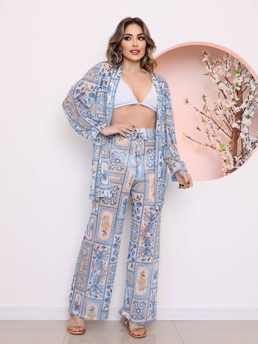 Conjunto Camisa e Calça de Tule Estampado