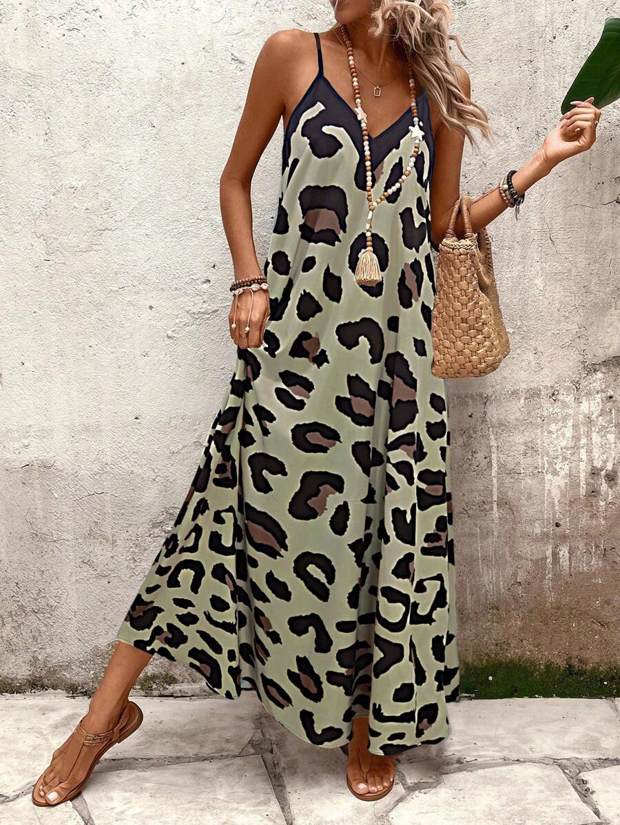 Vestido Longo Estampa de Leopardo com Costas Abertas - La Lecce
