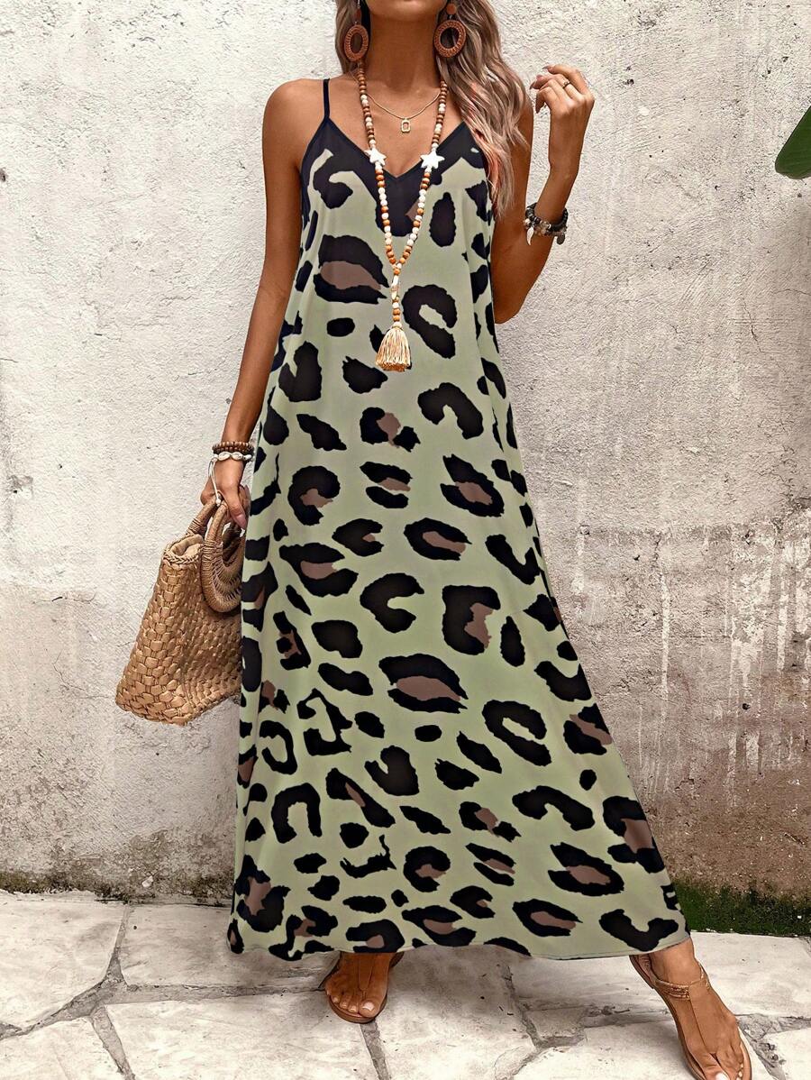 Vestido Longo Estampa de Leopardo com Costas Abertas - La Lecce