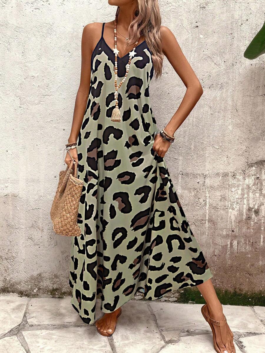 Vestido Longo Estampa de Leopardo com Costas Abertas - La Lecce