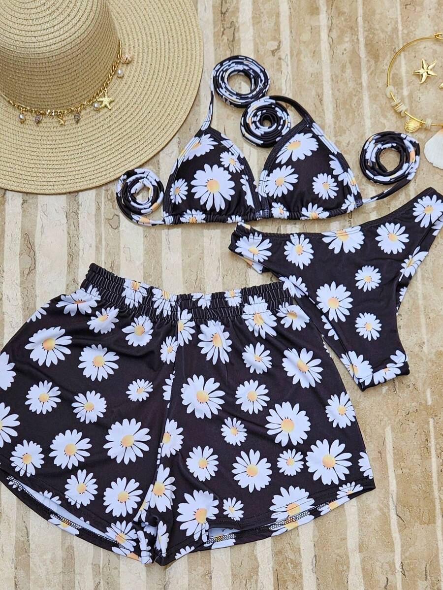 Conjunto de Biquíni 3 Peças com Estampa Tropical e Shorts