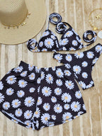 Conjunto de Biquíni 3 Peças com Estampa Tropical e Shorts