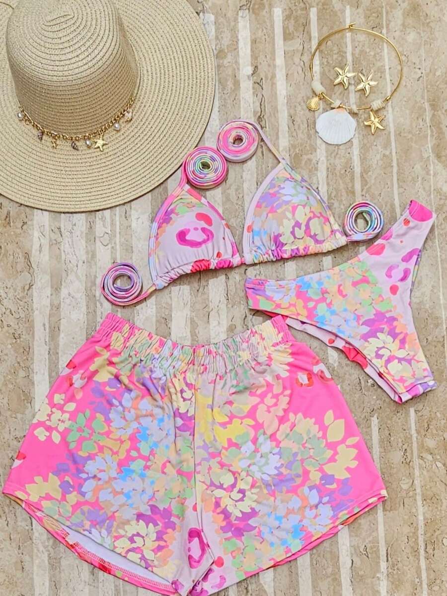 Conjunto de Biquíni 3 Peças com Estampa Tropical e Shorts