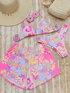 Conjunto de Biquíni 3 Peças com Estampa Tropical e Shorts