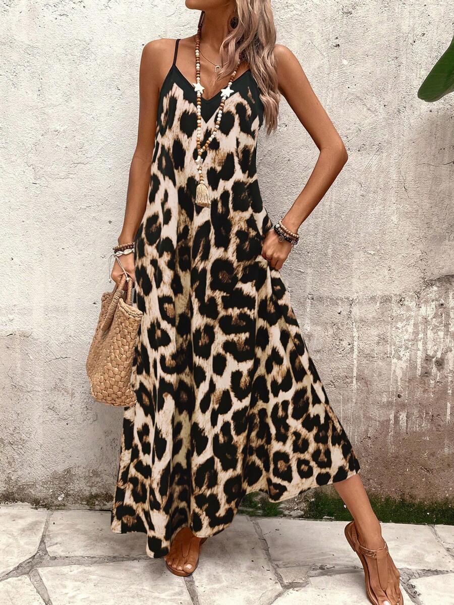 Vestido Longo Estampa de Leopardo com Costas Abertas - La Lecce