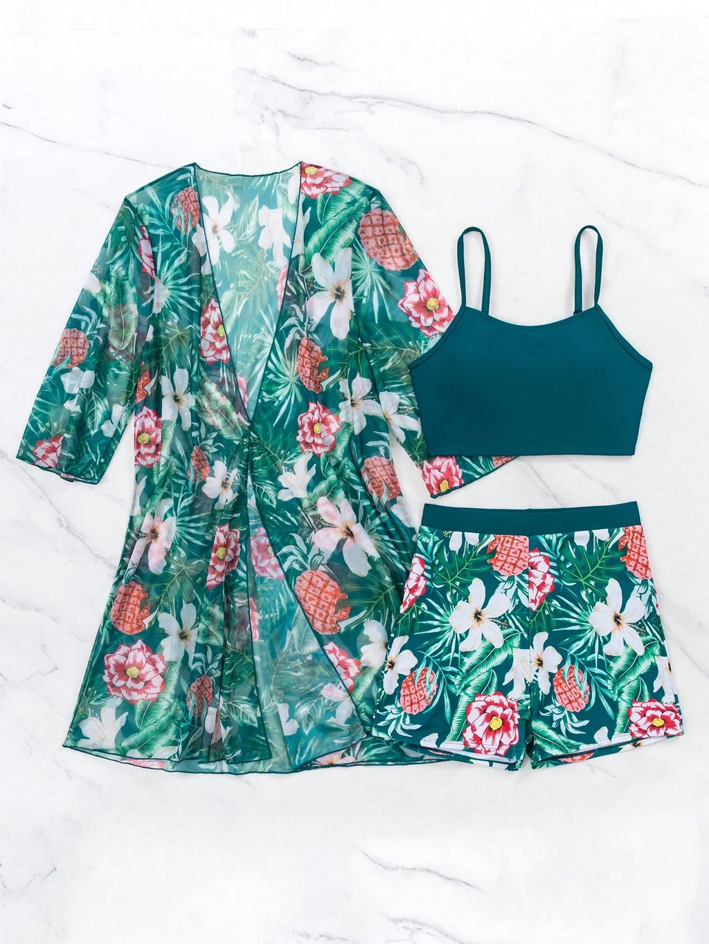 Conjunto de Biquíni 3 Peças Estampa Tropical
