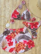 Conjunto de Biquíni 3 Peças com Estampa Tropical e Shorts