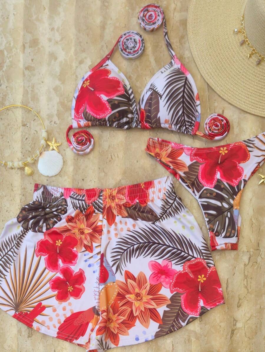 Conjunto de Biquíni 3 Peças com Estampa Tropical e Shorts