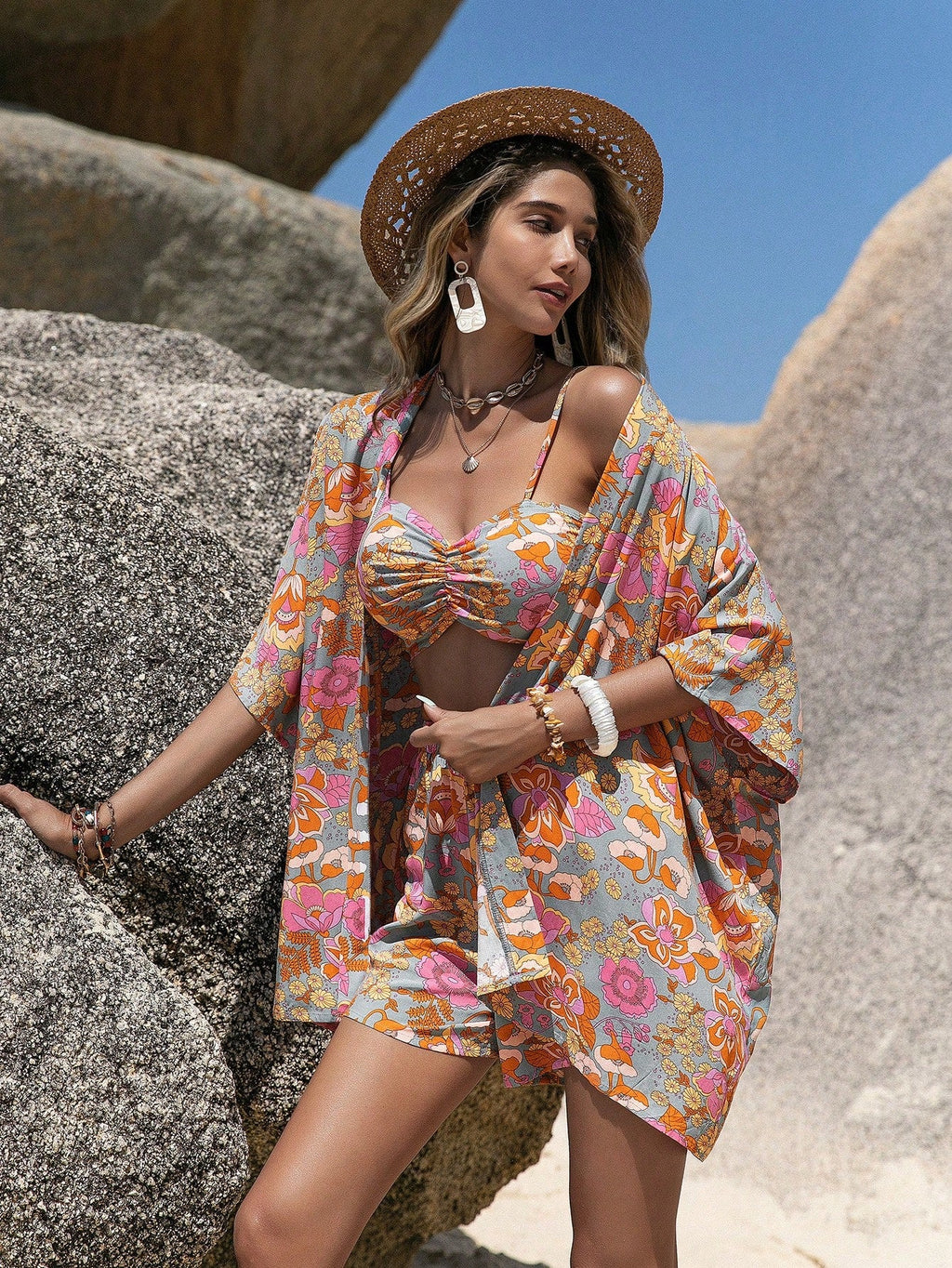 Conjunto 3 Peças Kimono Floral Boho