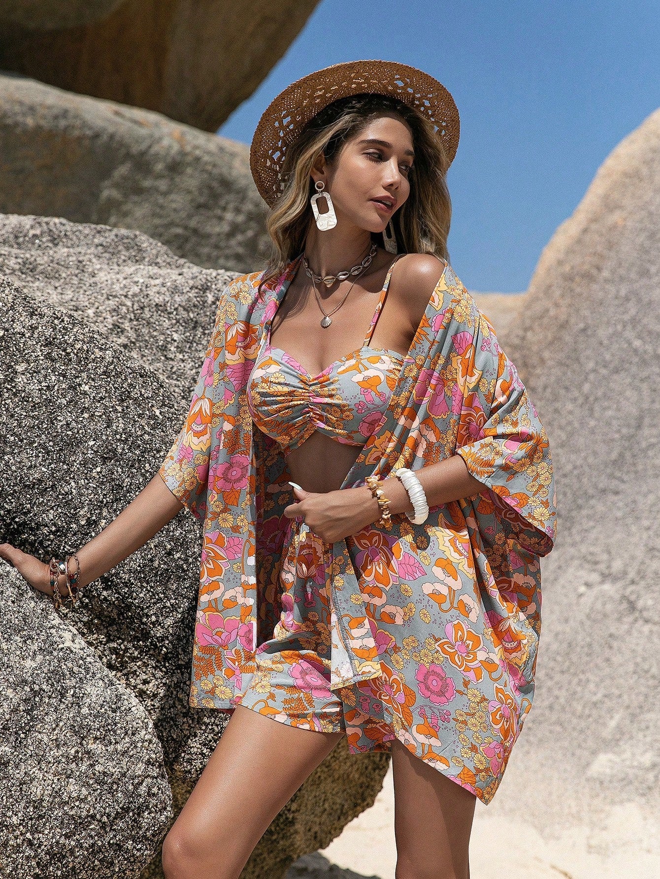 Conjunto 3 Peças Kimono Floral Boho