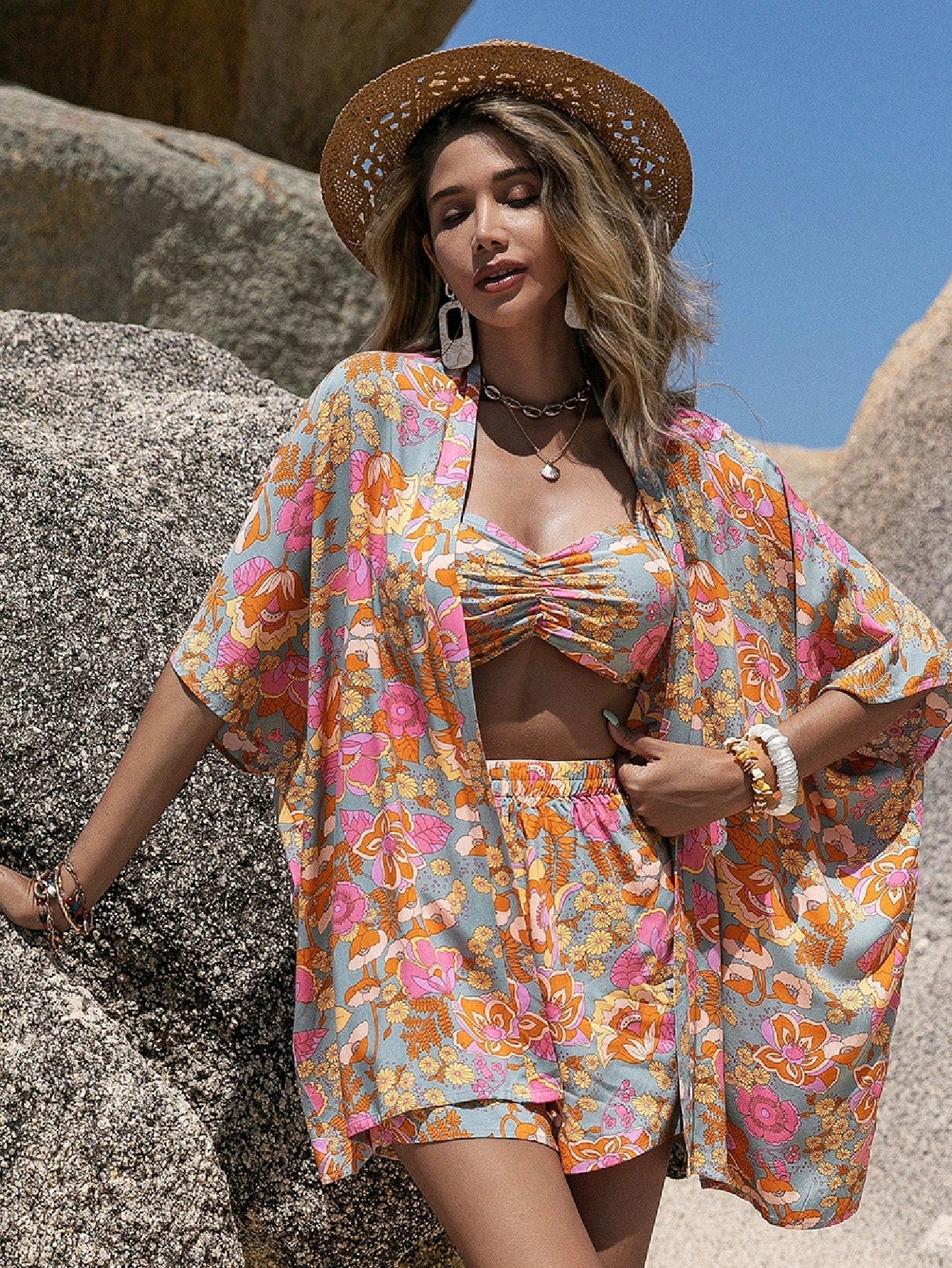 Conjunto 3 Peças Kimono Floral Boho