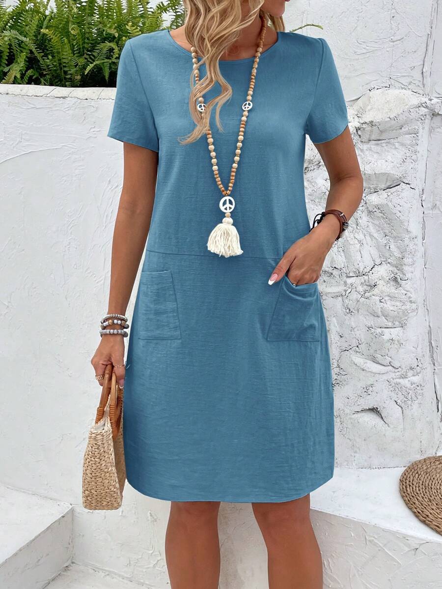 Vestido Midi Camiseta de Manga Curta com Bolsos - La Lecce