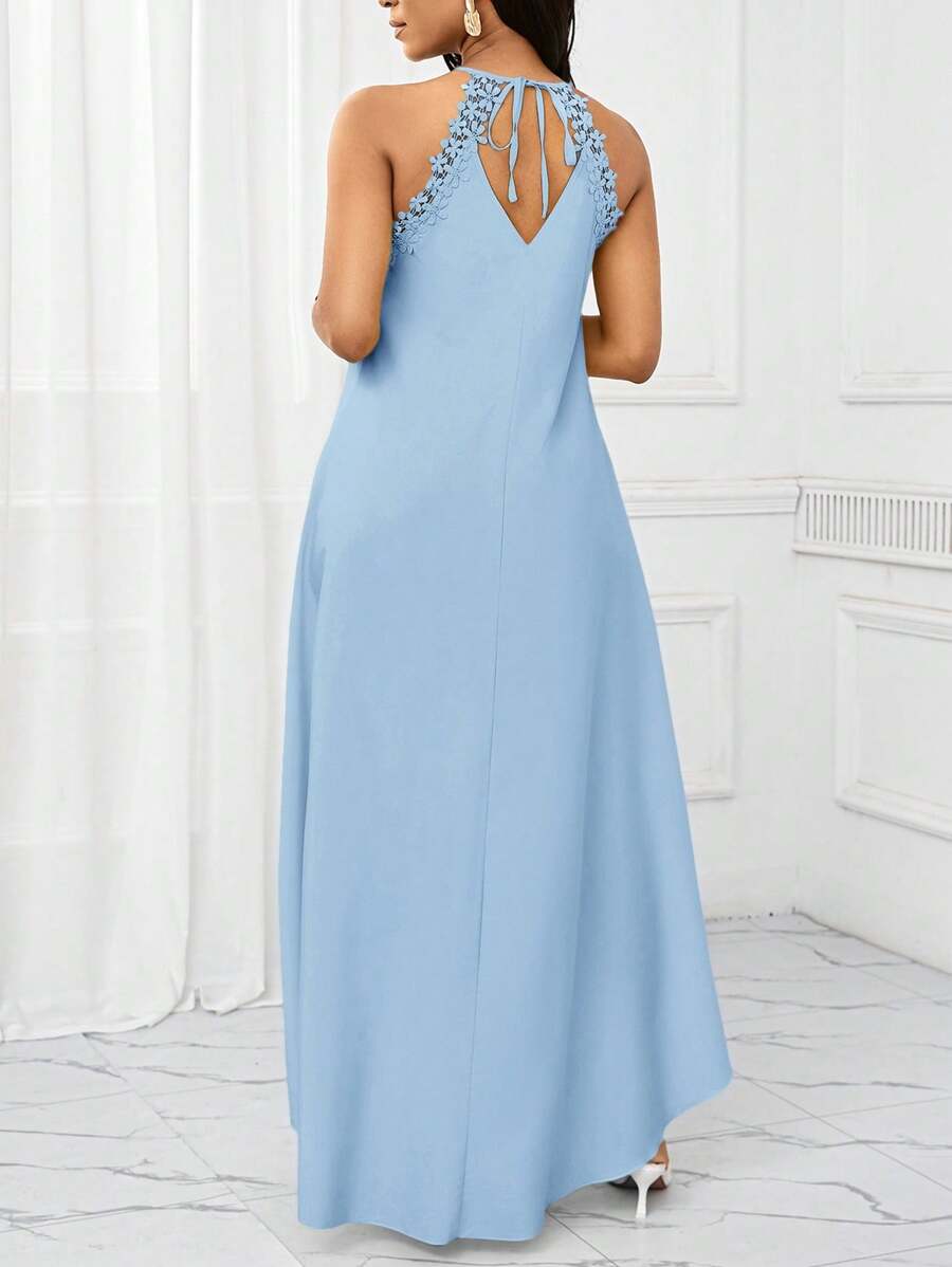 Vestido Maxi Frente Única com Laço e Bainha Assimétrica