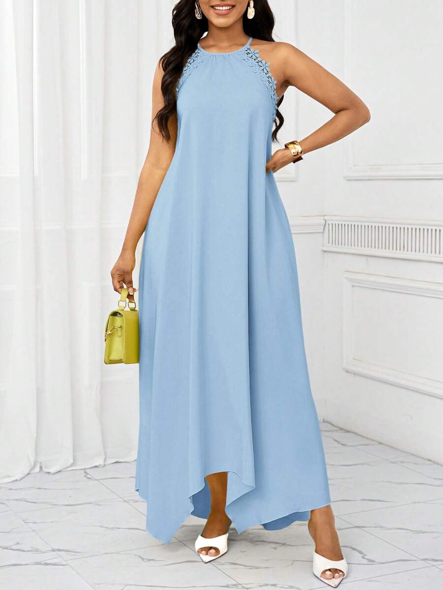Vestido Maxi Frente Única com Laço e Bainha Assimétrica