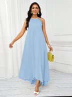 Vestido Maxi Frente Única com Laço e Bainha Assimétrica