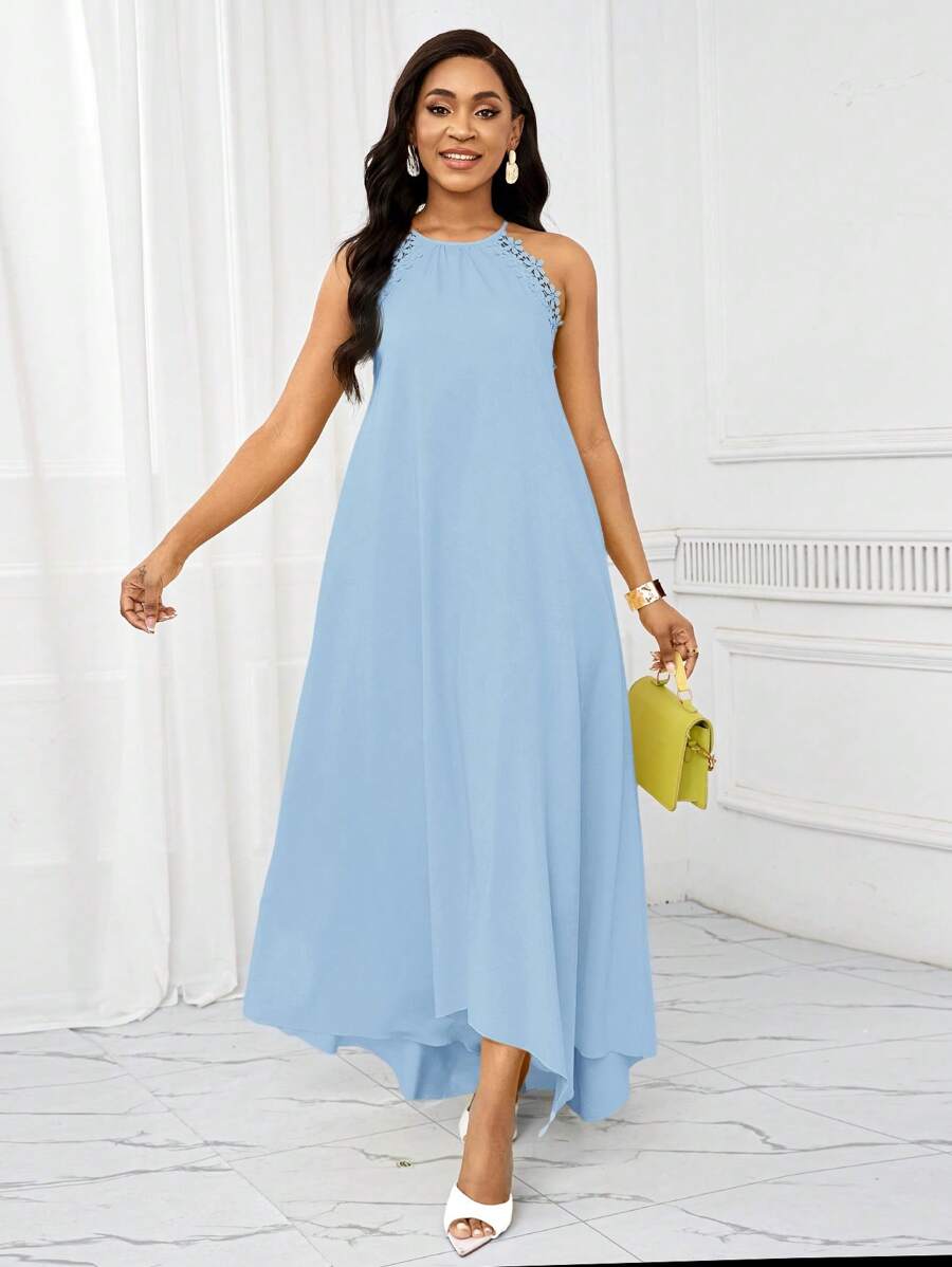Vestido Maxi Frente Única com Laço e Bainha Assimétrica