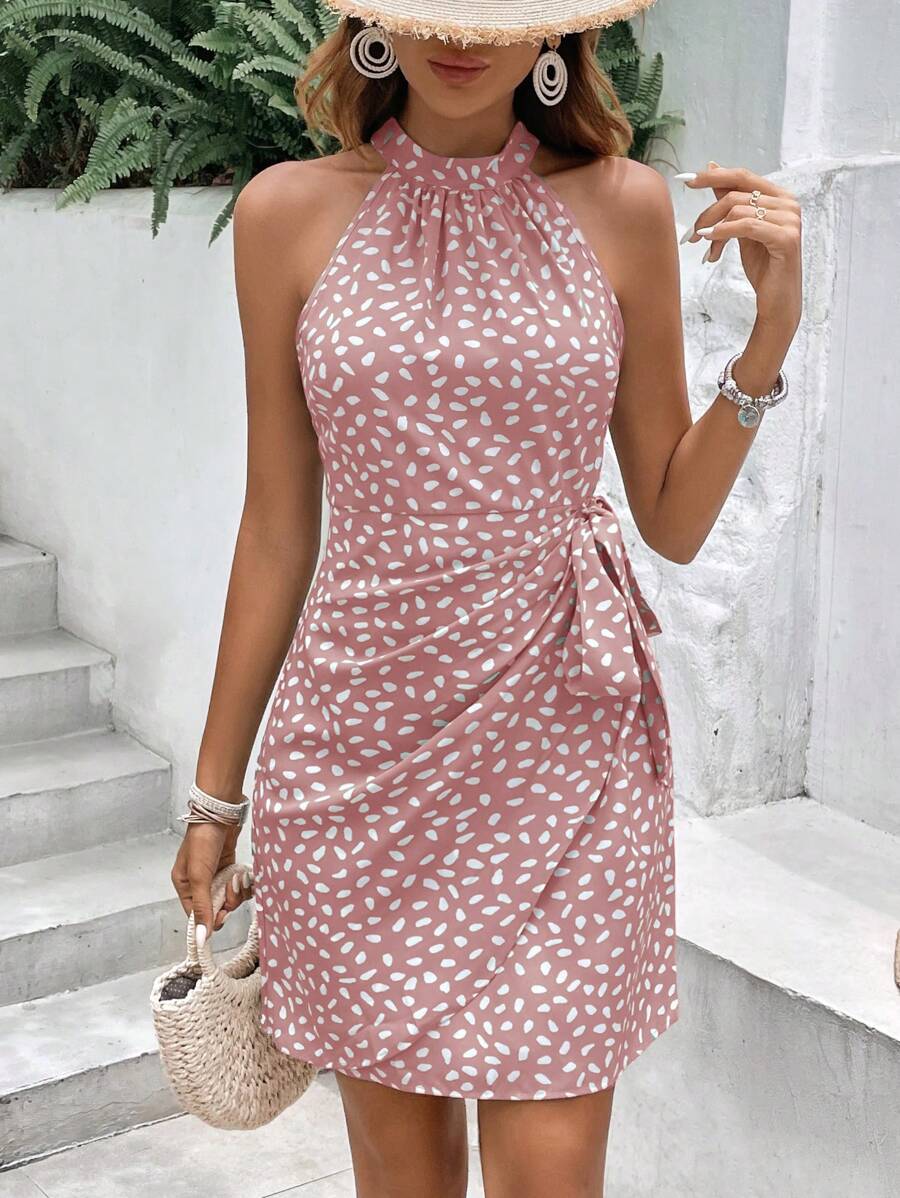 Vestido Curto Estampado Frente Única com Nó e Bainha Assimétrica - La Lecce