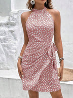 Vestido Curto Estampado Frente Única com Nó e Bainha Assimétrica - La Lecce