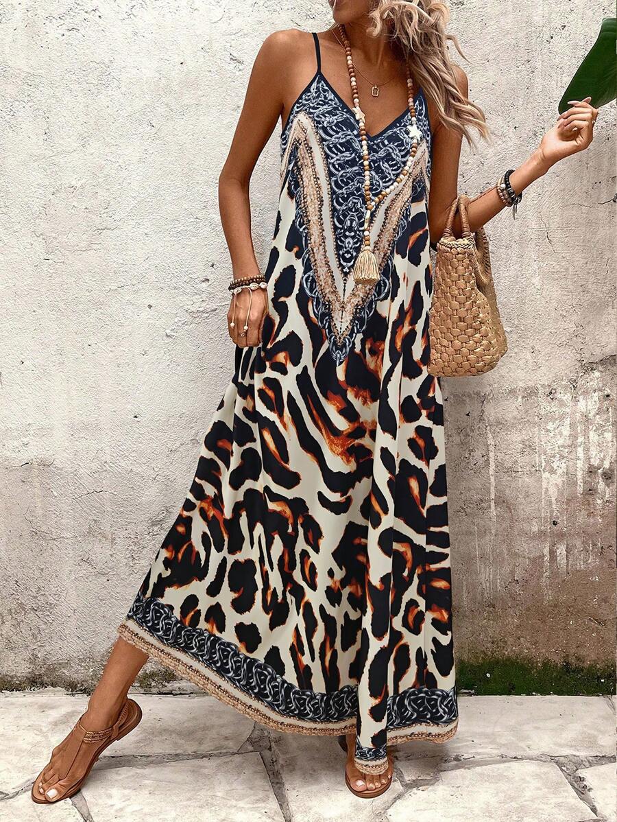 Vestido Longo Estampa de Leopardo com Costas Abertas - La Lecce