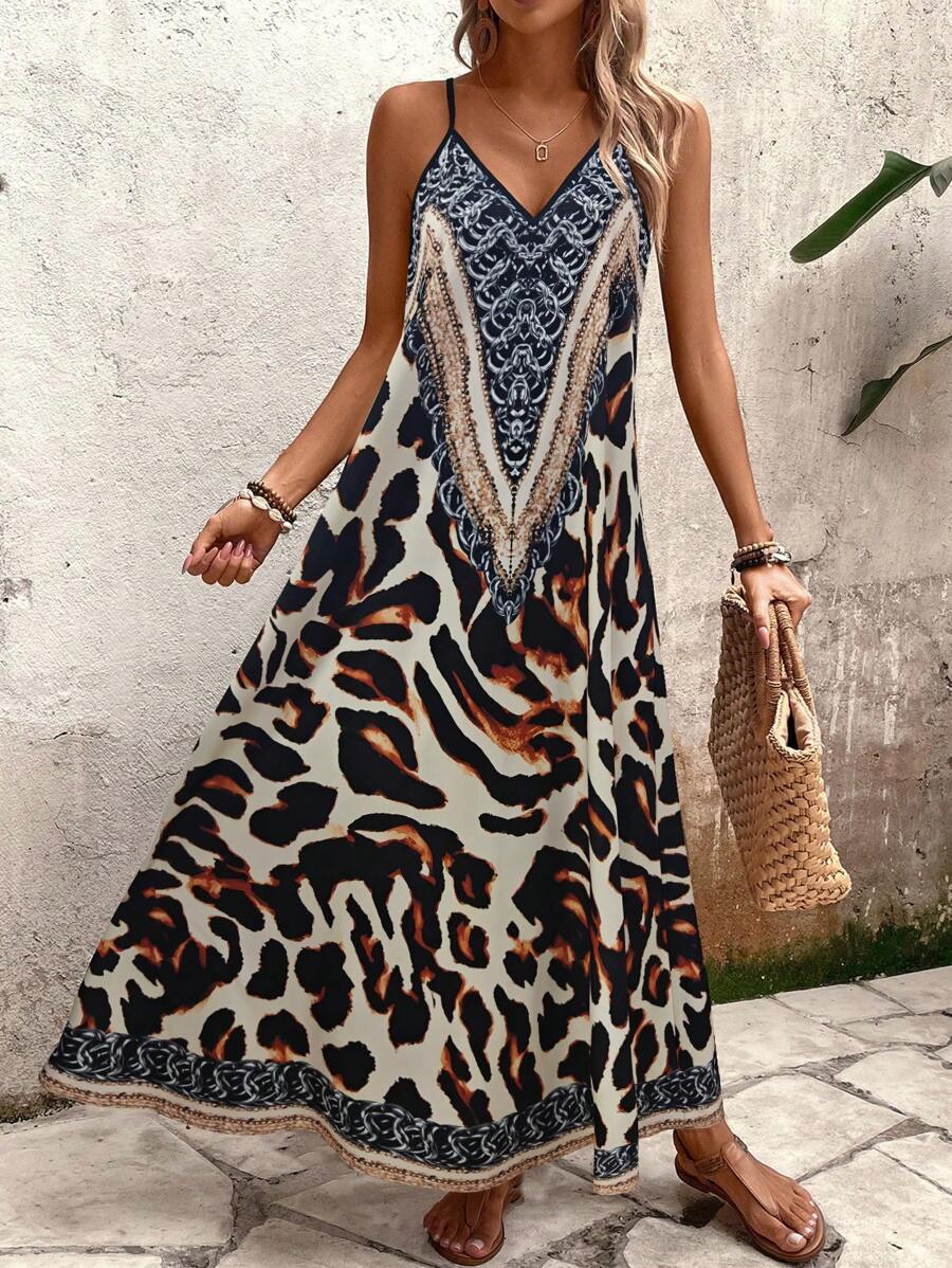 Vestido Longo Estampa de Leopardo com Costas Abertas - La Lecce