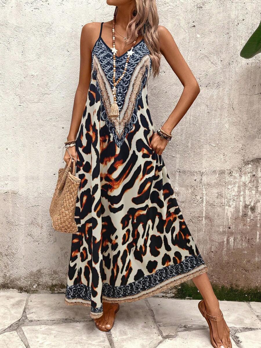 Vestido Longo Estampa de Leopardo com Costas Abertas - La Lecce