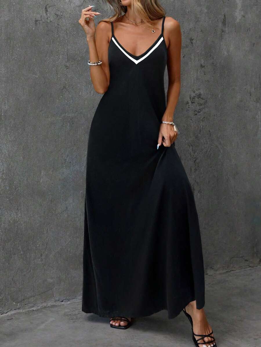 Vestido Longo de Malha com Cintura Contrastada e Costas Abertas - La Lecce