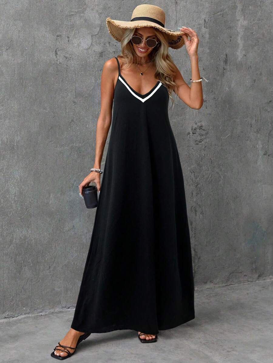 Vestido Longo de Malha com Cintura Contrastada e Costas Abertas - La Lecce