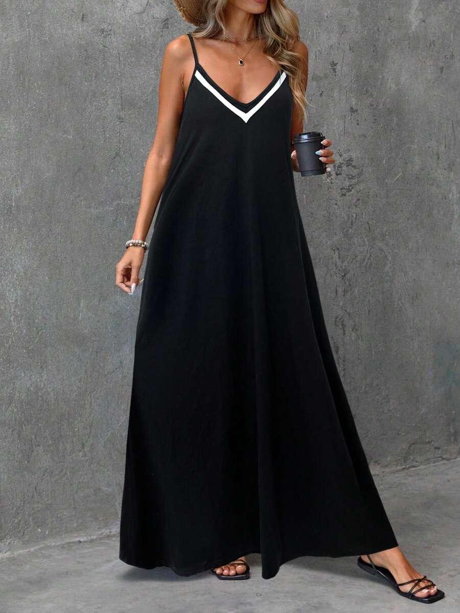 Vestido Longo de Malha com Cintura Contrastada e Costas Abertas - La Lecce