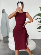 Vestido Midi Justo com Cordão e Fenda Lateral - La Lecce