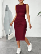 Vestido Midi Justo com Cordão e Fenda Lateral - La Lecce