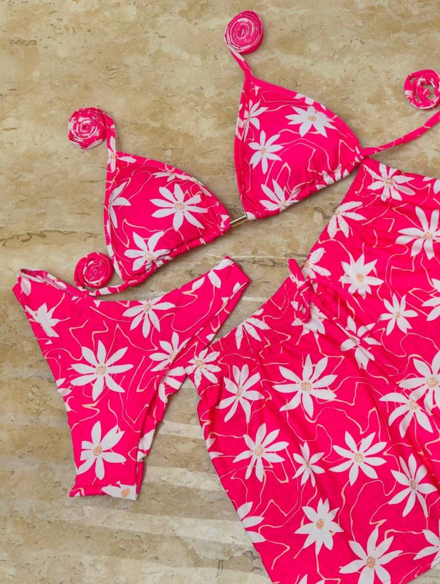 Conjunto de Biquíni 3 Peças com Estampa Tropical e Shorts