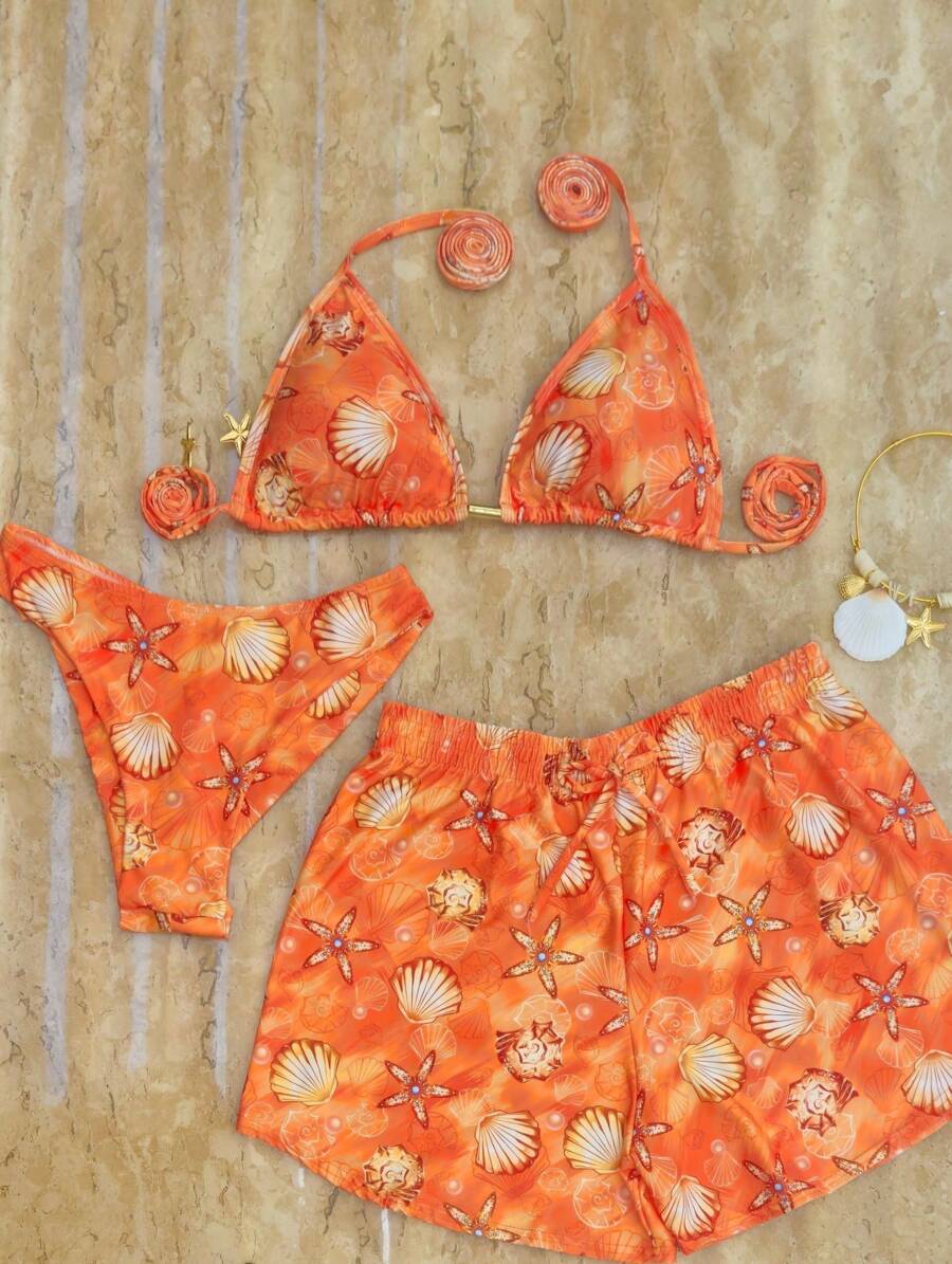 Conjunto de Biquíni 3 Peças com Estampa Tropical e Shorts