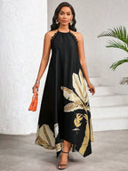 Vestido Maxi Frente Única com Laço e Bainha Assimétrica