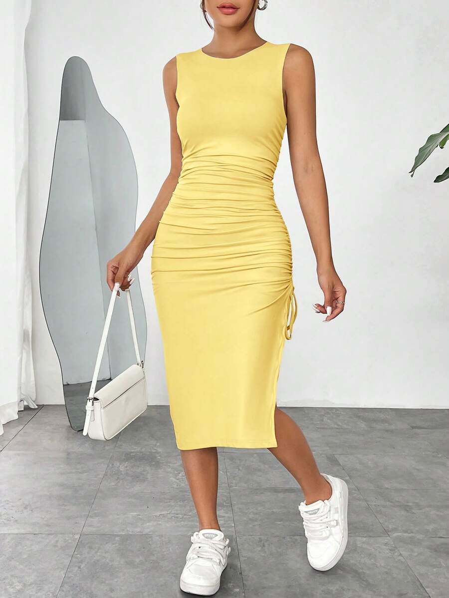 Vestido Midi Justo com Cordão e Fenda Lateral - La Lecce
