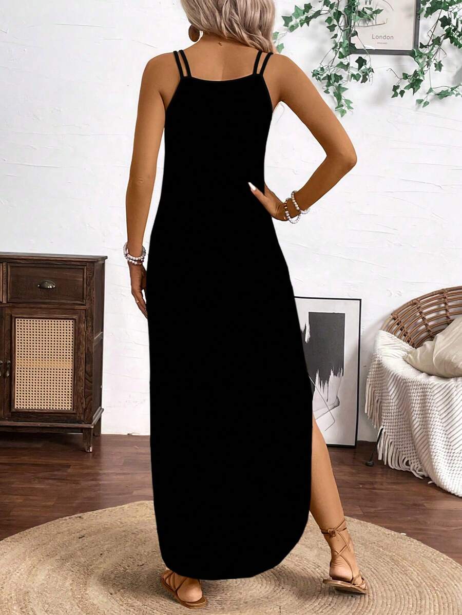 Vestido Longo de Alças com Listras Verticais e Fenda - La Lecce