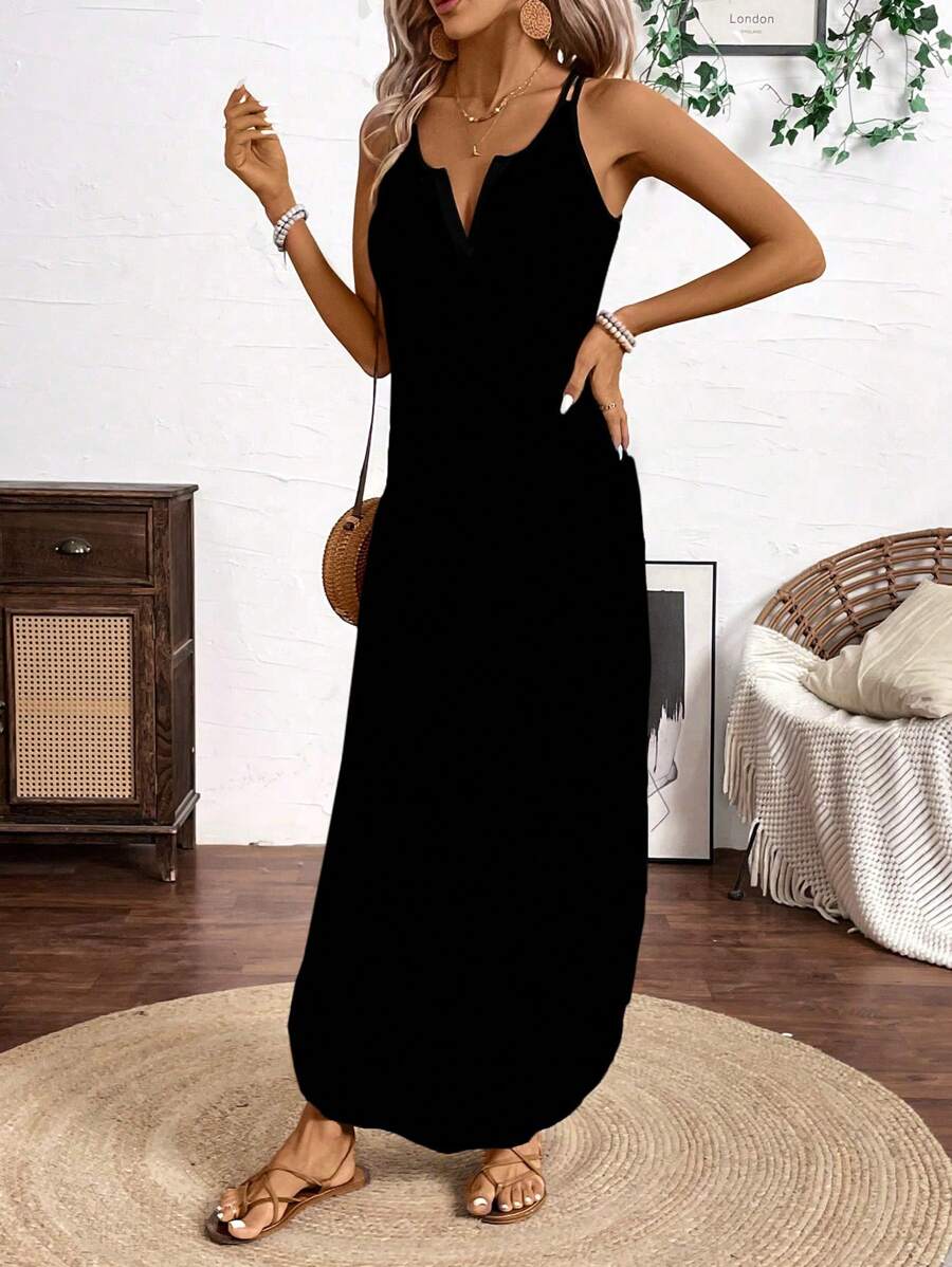 Vestido Longo de Alças com Listras Verticais e Fenda - La Lecce