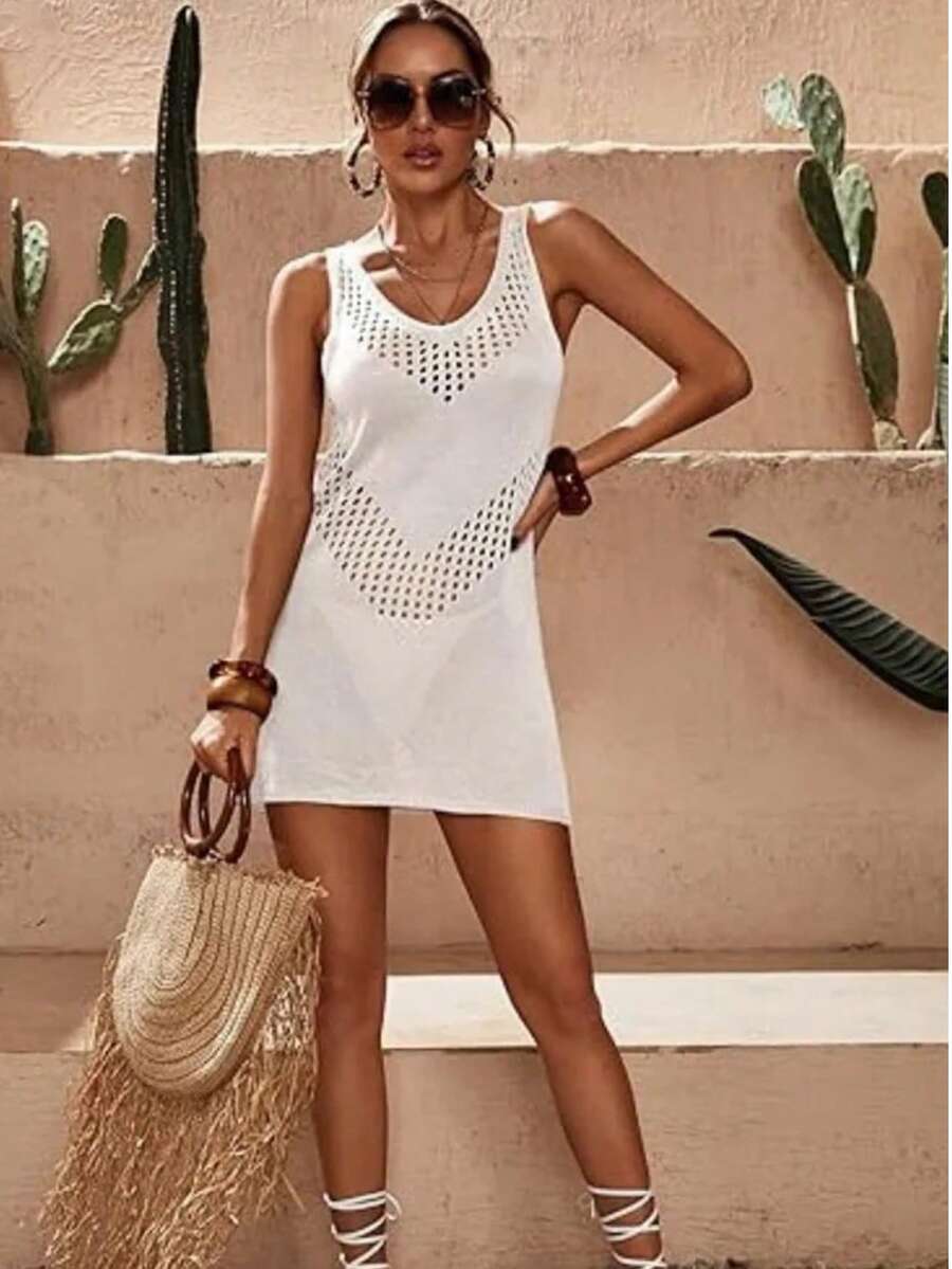 Vestido Saída de Praia Curto em Tricô Vazado Geométrico - La Lecce